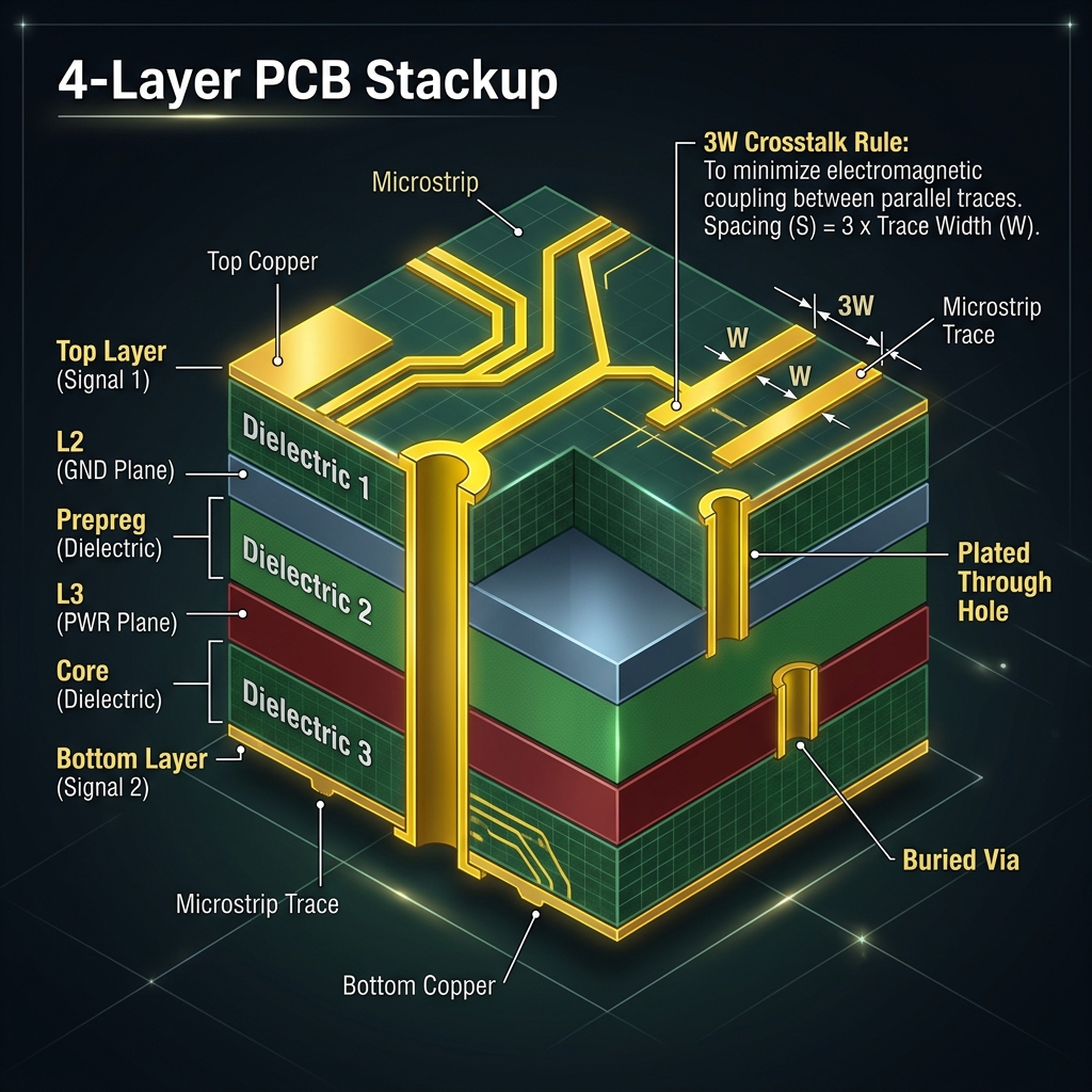 4 层 PCB 层叠与回流参考平面示意图